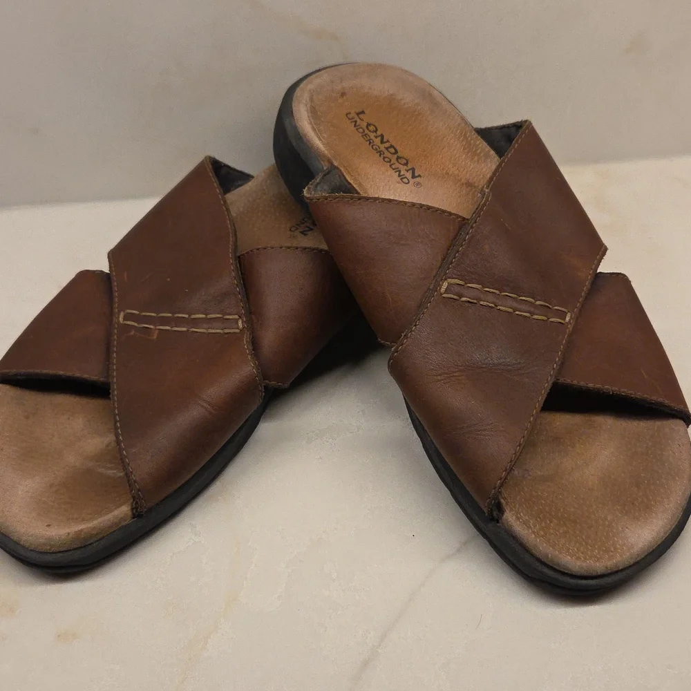 London Underground Holt Brown Leather Slide Sandals Sz 11